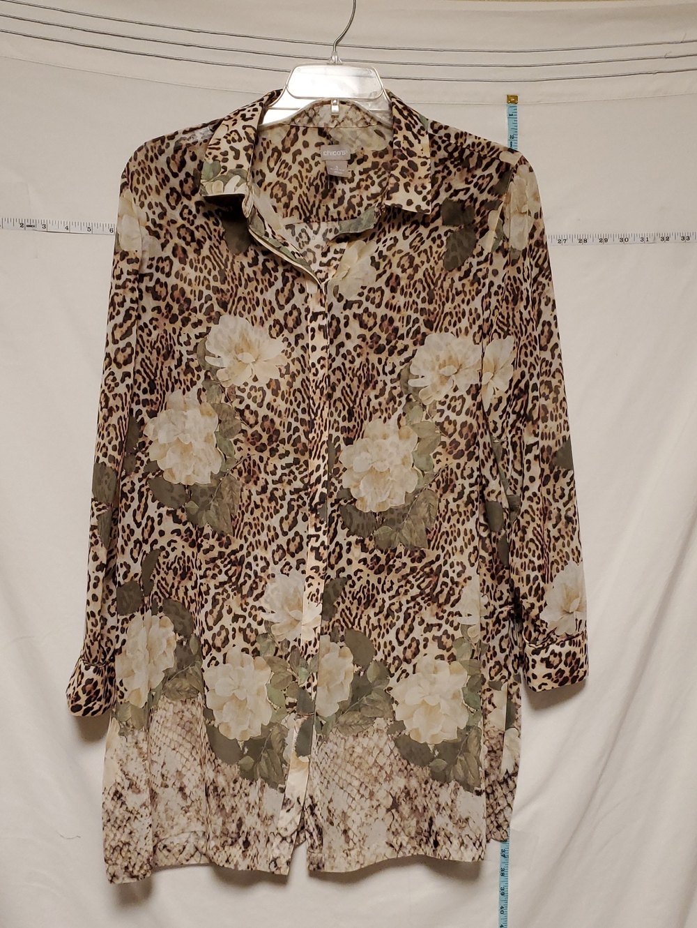 Chico's Leopard & Floral Button-Front Sheer Tunic in Tan & White 16 Artsy Boho
